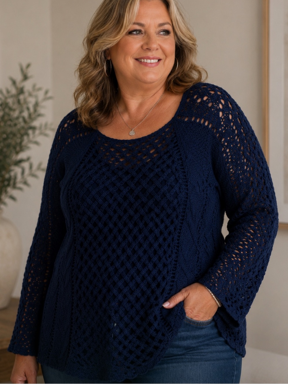 Navy Blue Open Knit Sweater